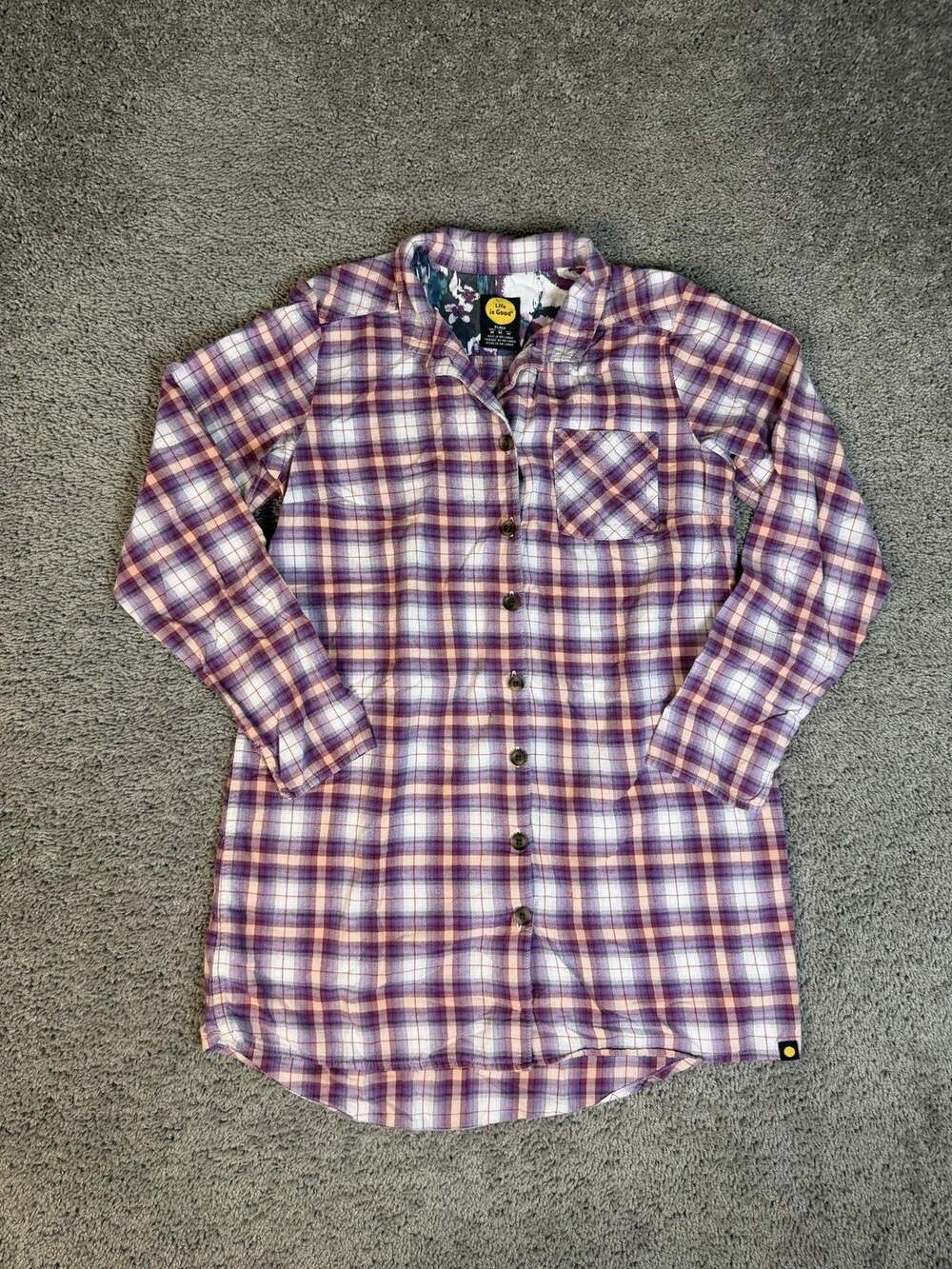 Life Is Good Sleepshirt Womens M Purple Plaid Flannel Chemise Button Collar